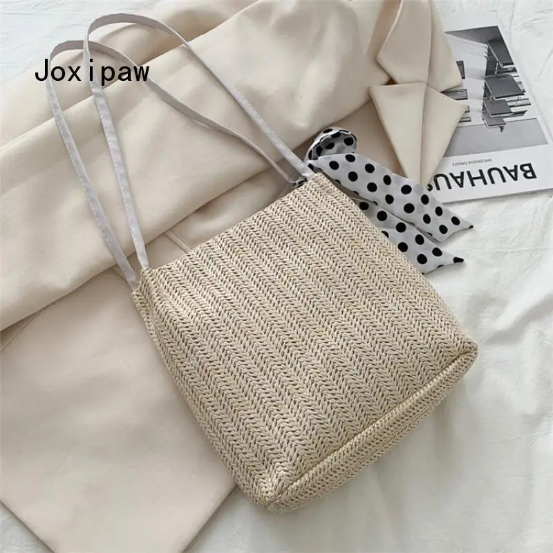 Summer Dot Silk Scarf Straw Shoulder Bag for Women