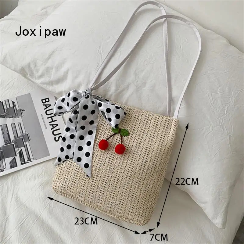 Summer Dot Silk Scarf Straw Shoulder Bag for Women