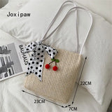 Summer Dot Silk Scarf Straw Shoulder Bag for Women