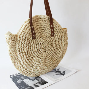 Summer Straw Shoulder Bag Circular Beach Bags Woven Handle Casual Totes