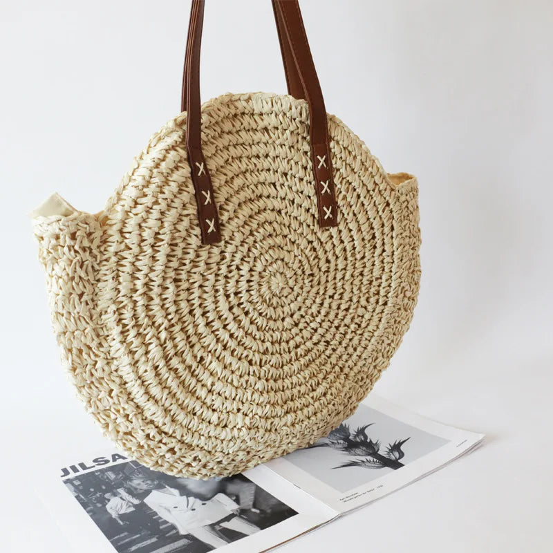 Summer Straw Shoulder Bag Circular Beach Bags Woven Handle Casual Totes