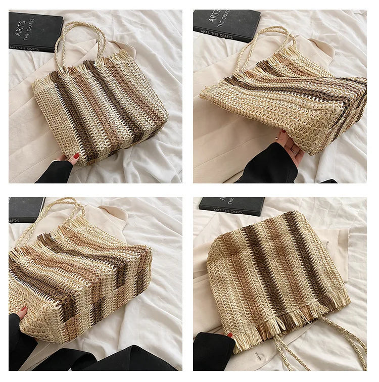 Summer Style Women Handbag Straw Weaving Striped Lady Shoulder Purse