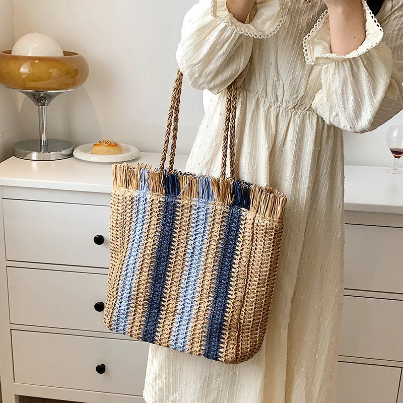 Summer Style Women Handbag Straw Weaving Striped Lady Shoulder Purse