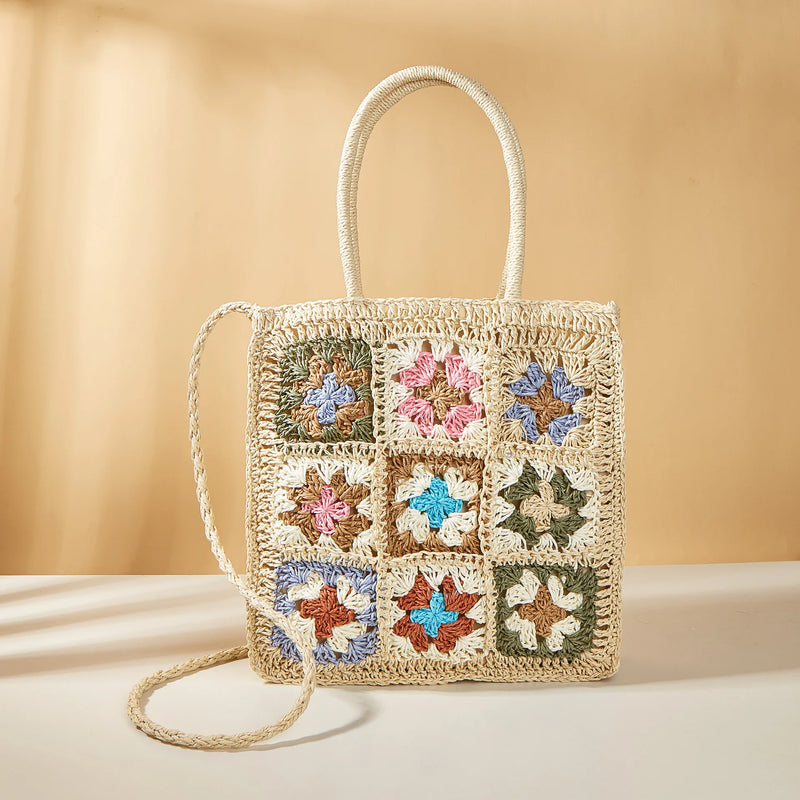 Summer Flower Stitching Woven Straw Bag Shoulder Hand-held Beach Tote