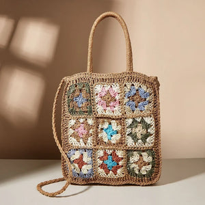 Summer Flower Stitching Woven Straw Bag Shoulder Hand-held Beach Tote