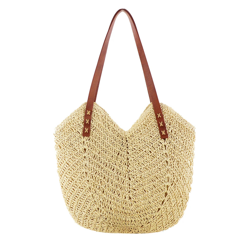 Summer Women Straw Top-Hand Bag Casual Woven Shoulder Travel Beach Hollow