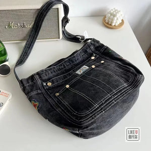 Women Denim Shoulder Bag Badage Cross Body Bag Vintage Style Handbag