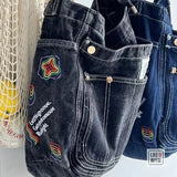 Women Denim Shoulder Bag Badage Cross Body Bag Vintage Style Handbag