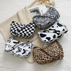 Nylon Plaid Leopard Print Shoulder Bag for Women