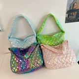 Rainbow Puffy Padded Quilting Tote Bag for Women