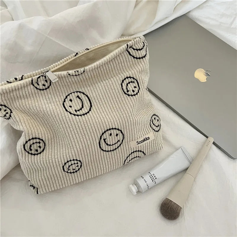 Cute Smiley Face Small Handbag for Girls Japanese Style Corduroy Tote Bag