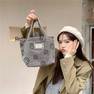Cute Smiley Face Small Handbag for Girls Japanese Style Corduroy Tote Bag
