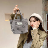 Cute Smiley Face Small Handbag for Girls Japanese Style Corduroy Tote Bag