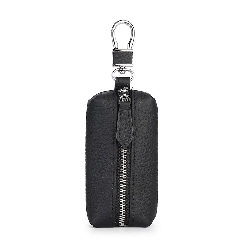 Men Zipper Open Cowhide Leather Small Items Case Hook Style