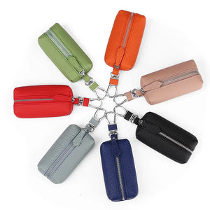 Men Zipper Open Cowhide Leather Small Items Case Hook Style