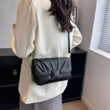 Vintage High Handbag Women Square Lock Shoulder Bag Ruched Strap Messenger