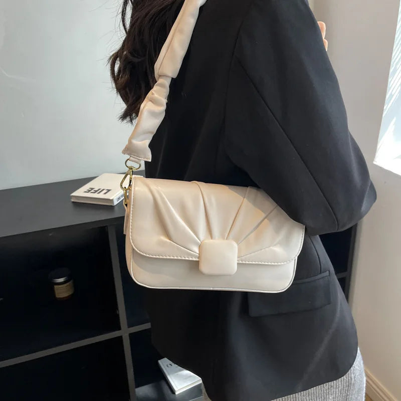 Vintage High Handbag Women Square Lock Shoulder Bag Ruched Strap Messenger