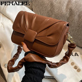 Vintage High Handbag Women Square Lock Shoulder Bag Ruched Strap Messenger