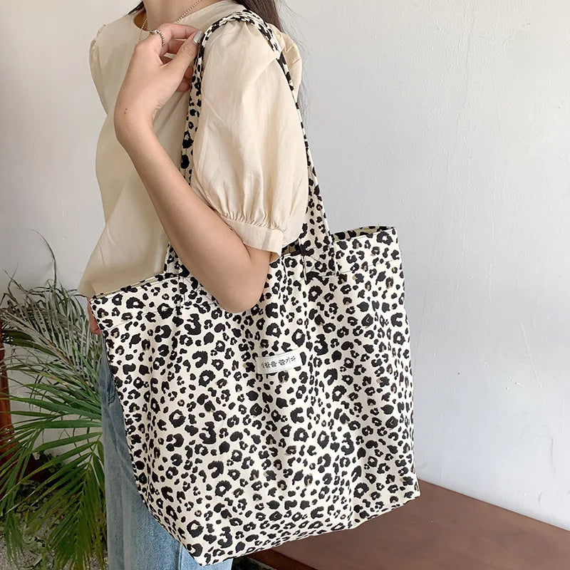 Vintage Leopard Print Canvas Shoulder Bag Large Capacity Casual Tote