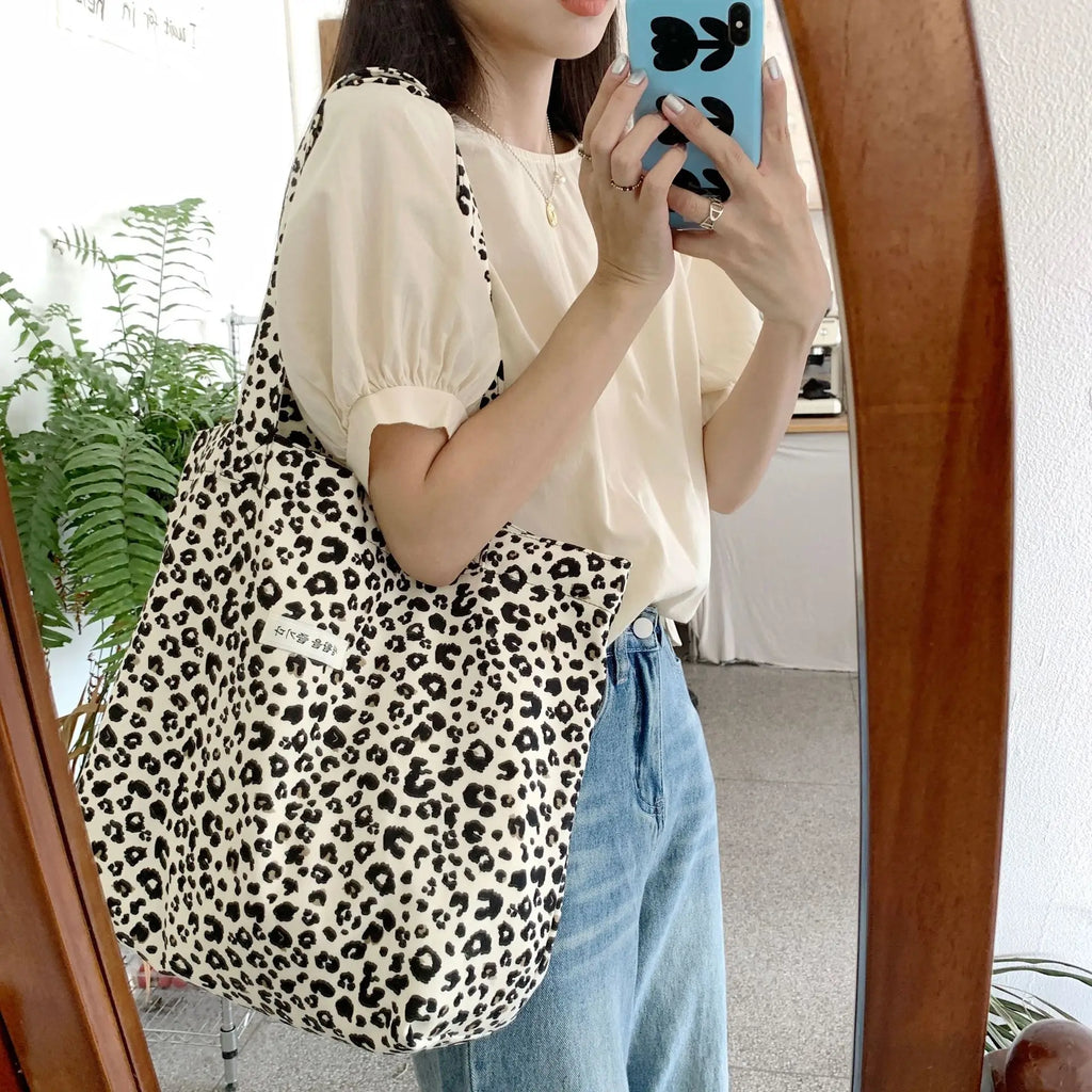 Vintage Leopard Print Canvas Shoulder Bag Large Capacity Casual Tote