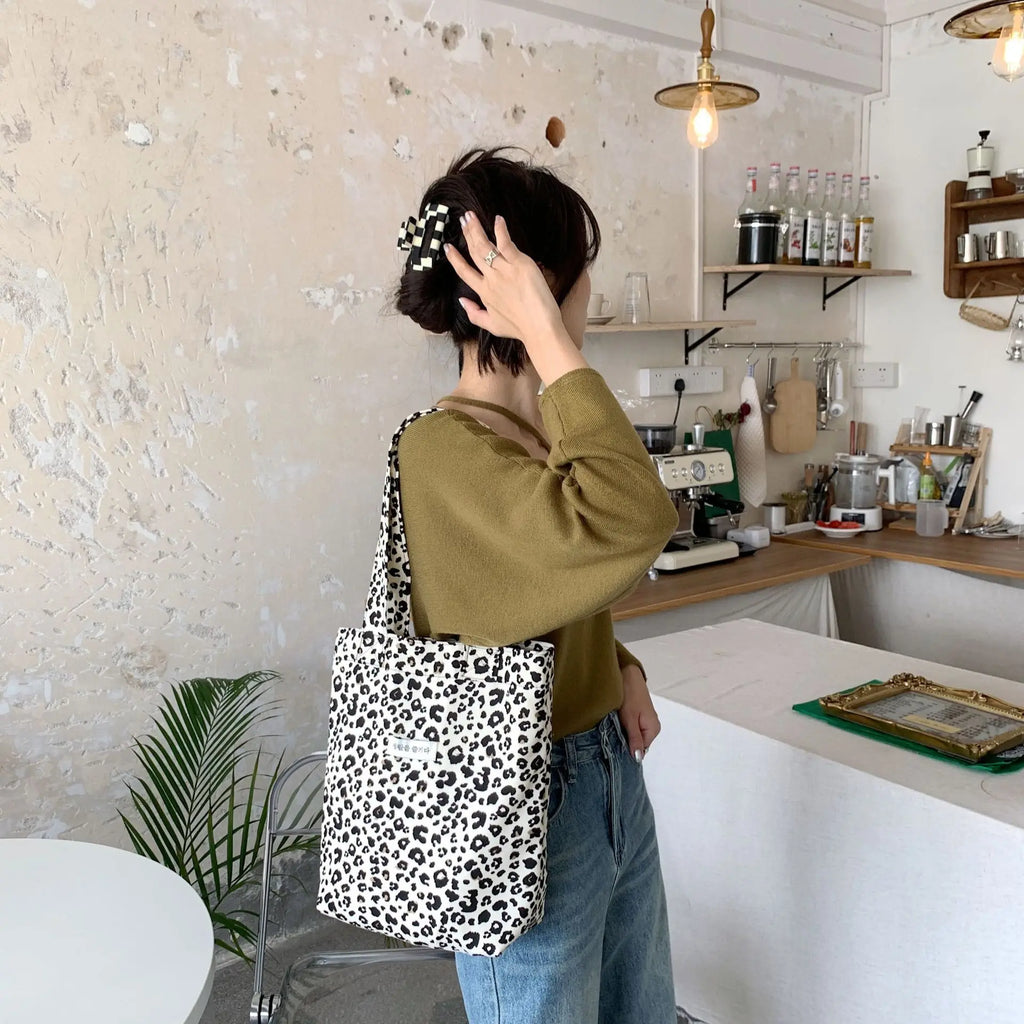 Vintage Leopard Print Canvas Shoulder Bag Large Capacity Casual Tote