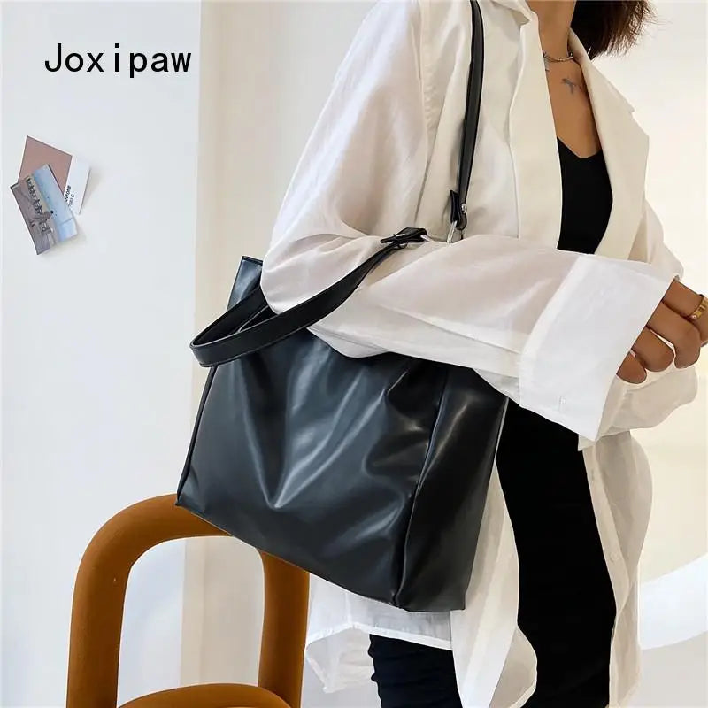 Vintage Solid Large Capacity Handbag for Women Girl Pu Leather Shoulder Bag