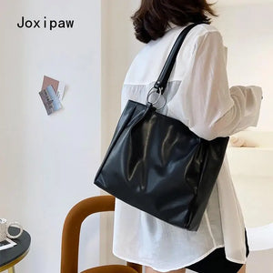 Vintage Solid Large Capacity Handbag for Women Girl Pu Leather Shoulder Bag