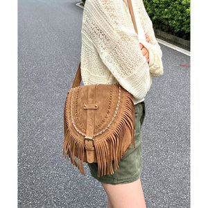Vintage Women Tassel Shoulder Bag Suede PU Leather Female Saddle Bag