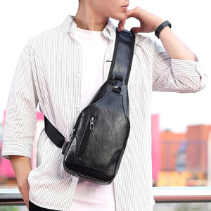 Waterproof PU Leather Chest Bag Outdoor USB Charging Bags