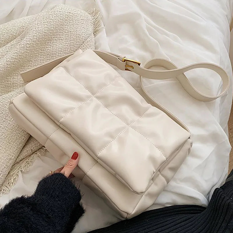 Winter Quilted Ladies Padded Crossbody Bag Soft PU Leather Messenger Bag