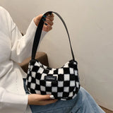 Winter Checker Print Shoulder Bag Women Plush Underarm Bags Casual Female Tote