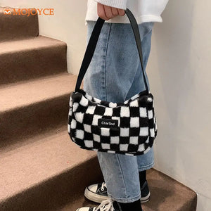 Winter Checker Print Shoulder Bag Women Plush Underarm Bags Casual Female Tote