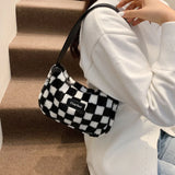 Winter Checker Print Shoulder Bag Women Plush Underarm Bags Casual Female Tote