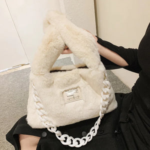 Women's Pink Plush Felt Shoulder Bag with Chain