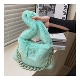 Women's Pink Plush Felt Shoulder Bag with Chain