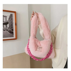Women's Pink Plush Felt Shoulder Bag with Chain