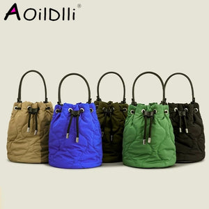 Winter Nylon Padded Bucket Bag Drawsting Quilted Women Handbags