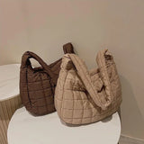 Winter Nylon Shoulder Bags Down Cotton Crossbody Plaid Tote for Women