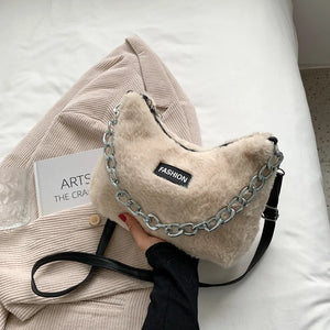 Animal Print Faux Fur Crossbody Bag Chain Handbag