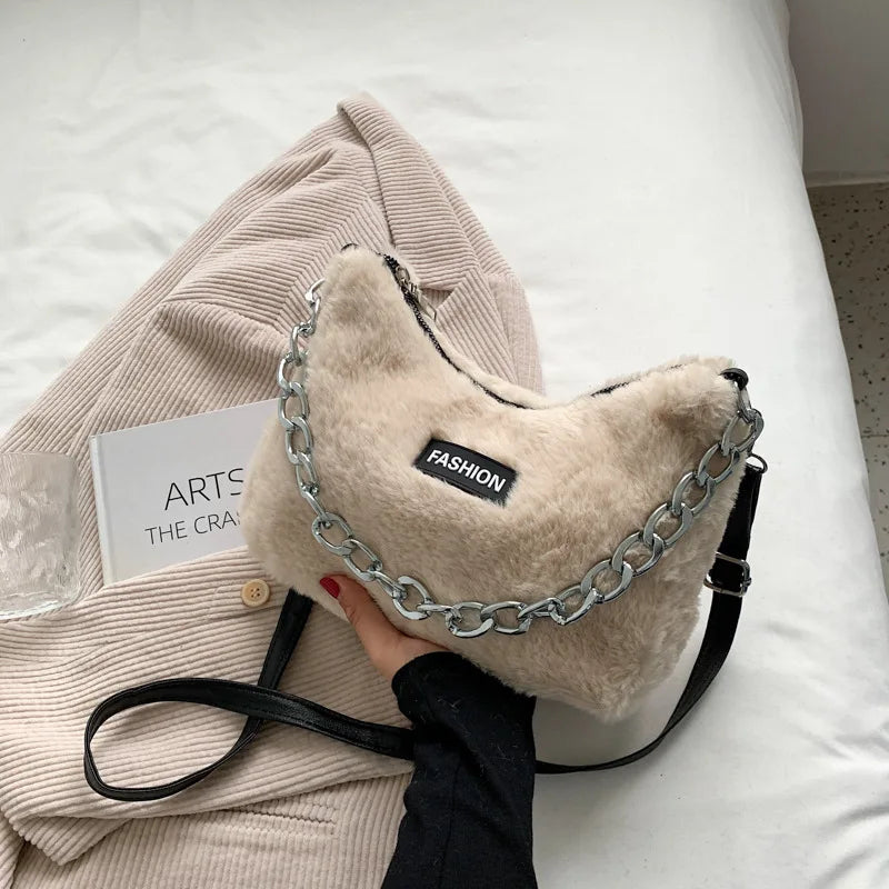 Animal Print Faux Fur Crossbody Bag Chain Handbag