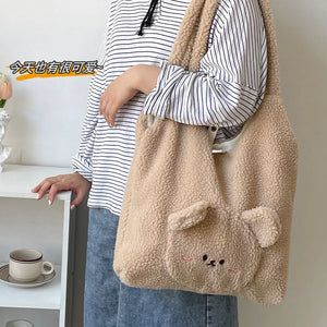 Winter Lambswool Shoulder Bag Girls Ins Brown Bear Soft Plush Shopper Bags
