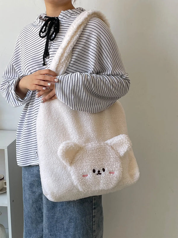 Winter Lambswool Shoulder Bag Girls Ins Brown Bear Soft Plush Shopper Bags
