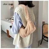 Winter Soft Plush Shoulder Bags for Women Vintage Solid Tote Bag