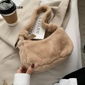 Winter Soft Plush Shoulder Bags for Women Vintage Solid Tote Bag