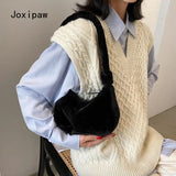 Winter Soft Plush Shoulder Bags for Women Vintage Solid Tote Bag
