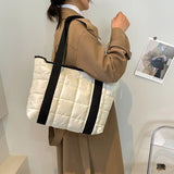 Winter Nylon Padded Tote Bag Quilted Plaid Women Handbags Shoulder Bags