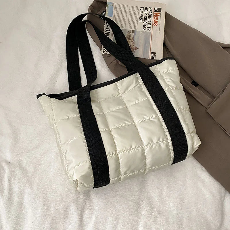 Winter Nylon Padded Tote Bag Quilted Plaid Women Handbags Shoulder Bags