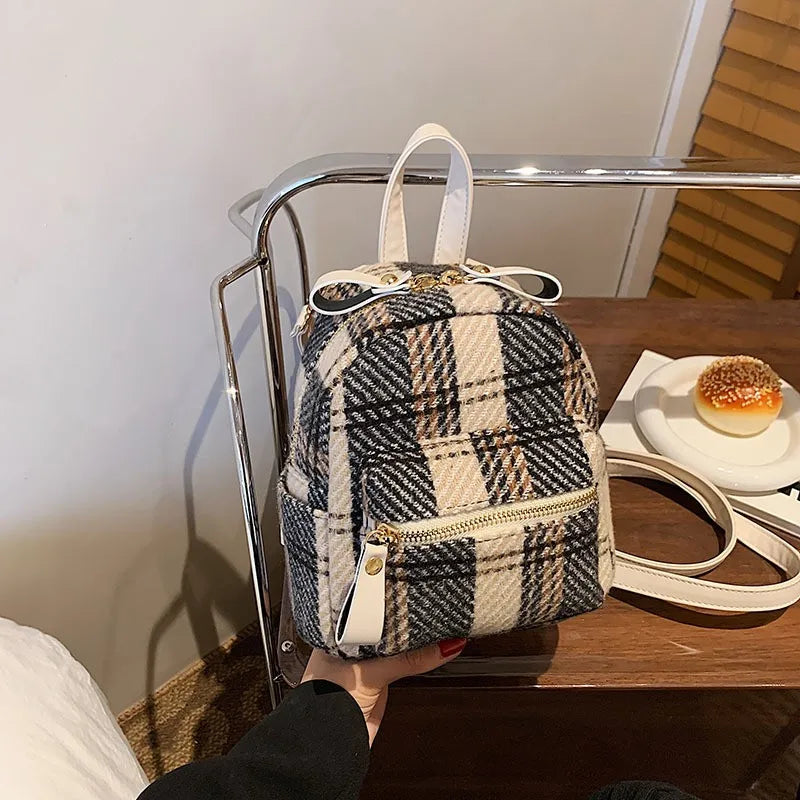 Winter Plaid Nylon Women Backpack Students Small Schoolbag Campus Stripe Style