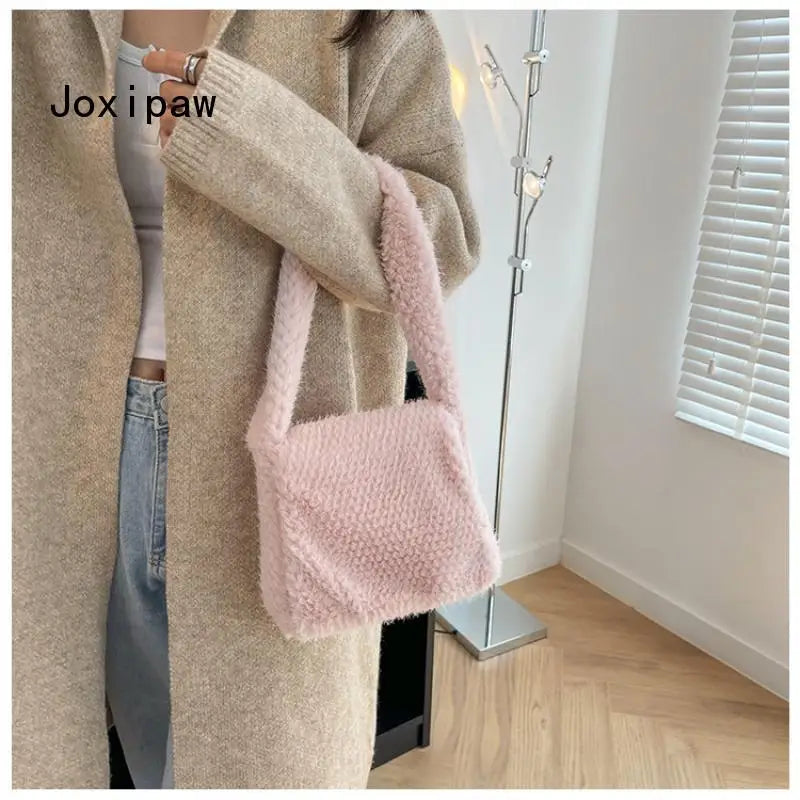Winter Soft Plush Shoulder Bag Vintage Solid Tote Bucket Bags