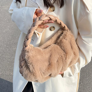 Women Vintage Faux Fur Crossbody Bag High Braided Tote Shopping Bolso